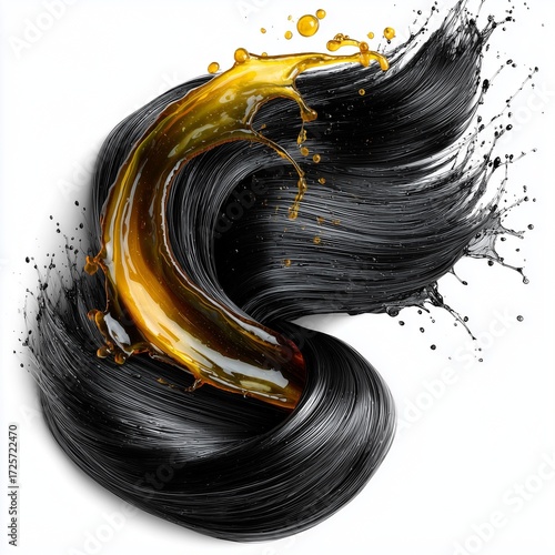 Modern Hair Look - Dynamic Splash of Black and Gold Liquid Art on White Background - texture finish