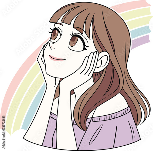 A young girl with big expressive eyes, light makeup, and soft facial features. She is holding a small round mirror in one hand 
| 肌荒れに悩んでいる女性