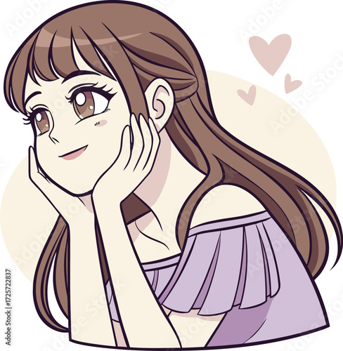 A young girl with big expressive eyes, light makeup, and soft facial features. She is holding a small round mirror in one hand 
| 肌荒れに悩んでいる女性