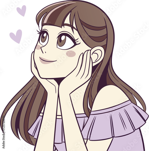 A young girl with big expressive eyes, light makeup, and soft facial features. She is holding a small round mirror in one hand 
| 肌荒れに悩んでいる女性