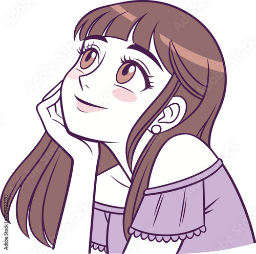 A young girl with big expressive eyes, light makeup, and soft facial features. She is holding a small round mirror in one hand 
| 肌荒れに悩んでいる女性