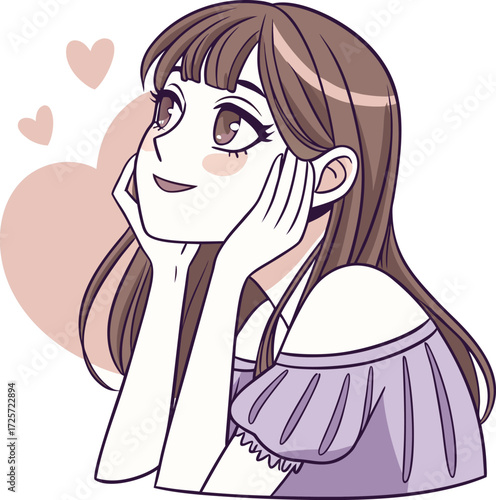 A young girl with big expressive eyes, light makeup, and soft facial features. She is holding a small round mirror in one hand 
| 肌荒れに悩んでいる女性
