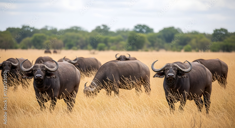 Obraz premium African Cape Buffalo Herd Grazing in Savannah Grassland Wild African Wildlife Safari Adventure Travel Photography