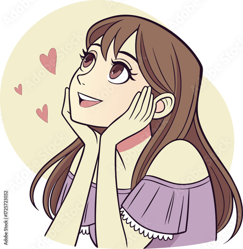A young girl with big expressive eyes, light makeup, and soft facial features. She is holding a small round mirror in one hand 
| 肌荒れに悩んでいる女性