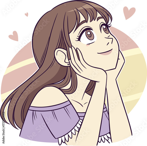 A young girl with big expressive eyes, light makeup, and soft facial features. She is holding a small round mirror in one hand 
| 肌荒れに悩んでいる女性