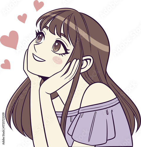 A young girl with big expressive eyes, light makeup, and soft facial features. She is holding a small round mirror in one hand 
| 肌荒れに悩んでいる女性