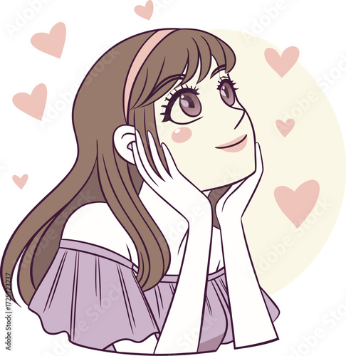 A young girl with big expressive eyes, light makeup, and soft facial features. She is holding a small round mirror in one hand 
| 肌荒れに悩んでいる女性