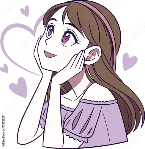 A young girl with big expressive eyes, light makeup, and soft facial features. She is holding a small round mirror in one hand 
| 肌荒れに悩んでいる女性