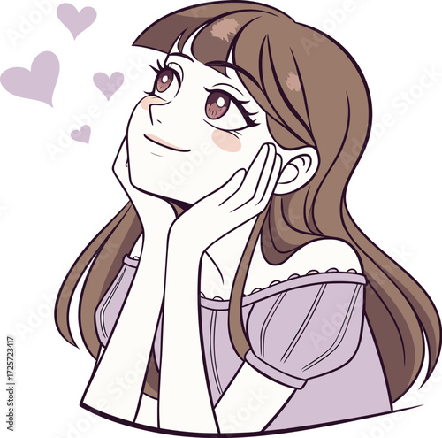 A young girl with big expressive eyes, light makeup, and soft facial features. She is holding a small round mirror in one hand 
| 肌荒れに悩んでいる女性