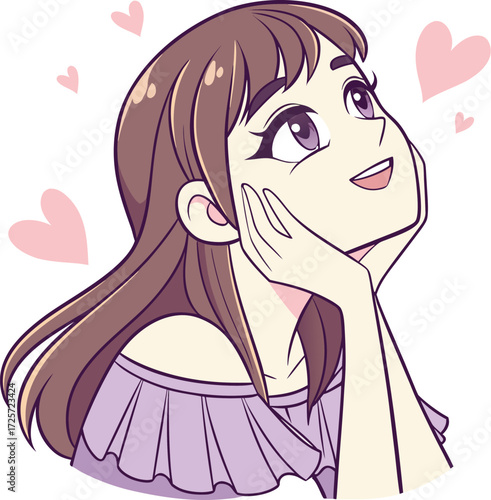 A young girl with big expressive eyes, light makeup, and soft facial features. She is holding a small round mirror in one hand 
| 肌荒れに悩んでいる女性