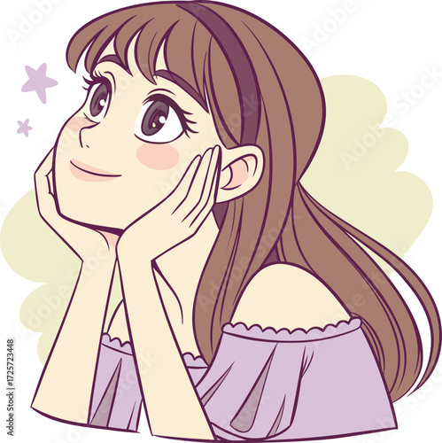 A young girl with big expressive eyes, light makeup, and soft facial features. She is holding a small round mirror in one hand 
| 肌荒れに悩んでいる女性