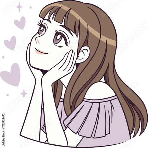 A young girl with big expressive eyes, light makeup, and soft facial features. She is holding a small round mirror in one hand 
| 肌荒れに悩んでいる女性