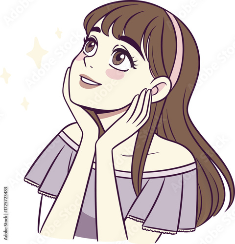 A young girl with big expressive eyes, light makeup, and soft facial features. She is holding a small round mirror in one hand 
| 肌荒れに悩んでいる女性