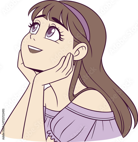 A young girl with big expressive eyes, light makeup, and soft facial features. She is holding a small round mirror in one hand 
| 肌荒れに悩んでいる女性