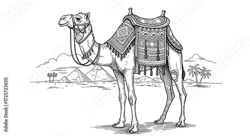 Hand-drawn sketch of a decorated camel standing in the desert with Egyptian pyramids in the background