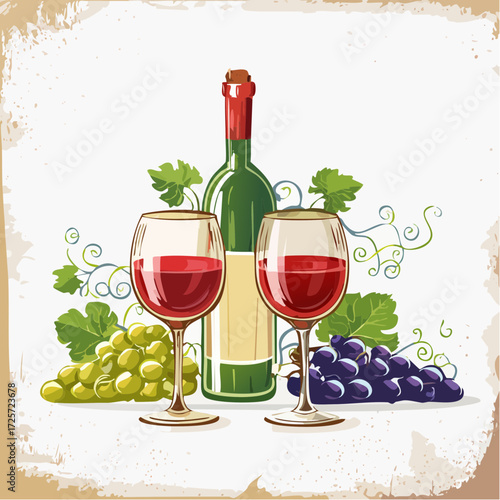 A bottle of wine and two glasses with grapes.