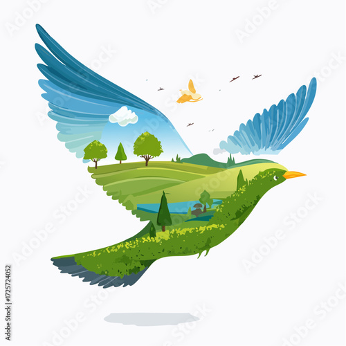 Dove of Peace with Nature Landscape - Double Exposure Illustration for Ecology and Hope.