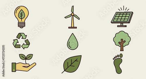 Set of eco icons to represent environmental conservation and sustainability. Eco icons on light background: light bulb, windmill, water drop, solar panel, tree, hand holding plant, footprint,