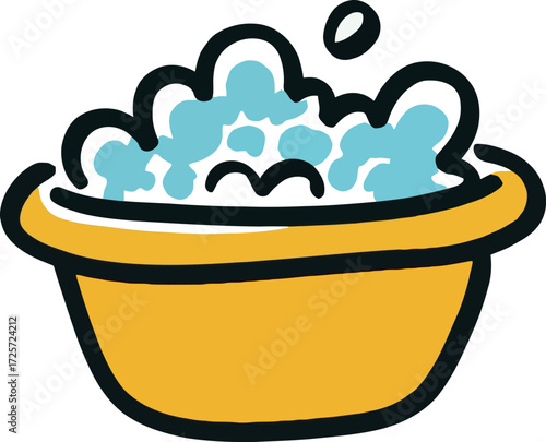 Soapy water in bright yellow bowl cute cartoon illustration vector Hand drawn