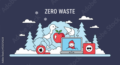 Illustration zero waste concept promoting ecological awareness with reusable items and natural elements in clean design.