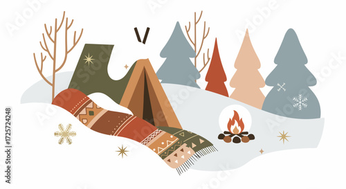 Camping in winter illustration presents tent, campfire, and trees under snow. Camping in winter illustration features outdoor recreational activity, cozy tent, burning fire and snow.