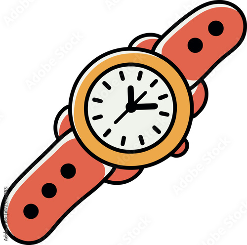 Hand holding wristwatch orange strap modern design casual timepiece vector Hand drawn