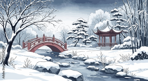 Winter landscape depicts oriental garden with red bridge covered by snow. Charming winter landscape showcasing traditional Japanese pavilion in a snowy park.