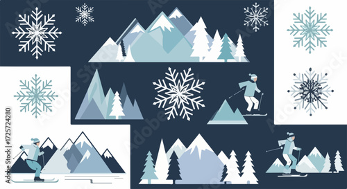Winter landscape scene featuring mountains, skiers, and snowflakes on a dark blue background. Winter landscape composition, with snowy mountains and skiers in action, creates winter wonder.