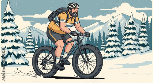 Man on fat bike riding in snowy landscape, showing active man biking through fresh snow on a challenging trail. Man biking with snow-capped mountains and coniferous trees creates scenic view.