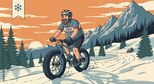 Illustration depicts mountain biking adventure on snowy trails amidst towering peaks at sunset, capturing excitement of mountain biking adventure.