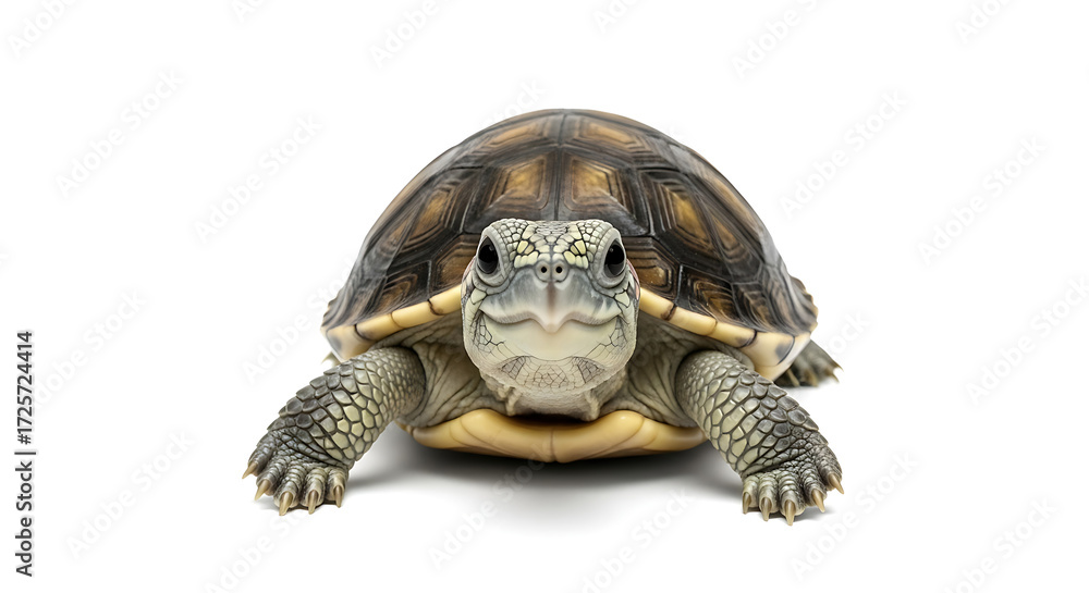 Obraz premium Close up shot of a turtle with brown shell and wrinkled skin on a white background looking forward