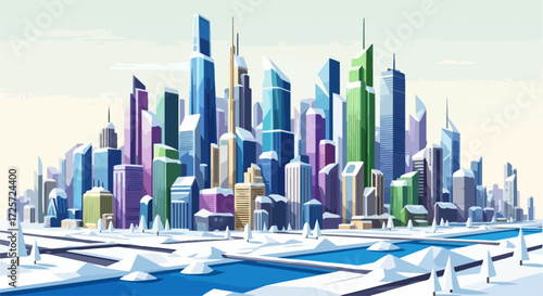 Modern skyline with colorful buildings during winter with frozen river offers architectural perspective, presenting icy cityscape.