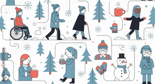 Winter pattern shows diverse characters in seasonal attire near snow covered fir trees. Winter pattern includes people with disabilities, people of color, and various age groups enjoying snow.