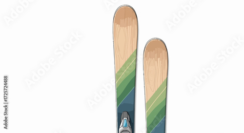 Ski equipment against white background, ideal for winter sport enthusiasts. Winter sport includes skis with colorful stripe design, positioned to show details and smooth texture.