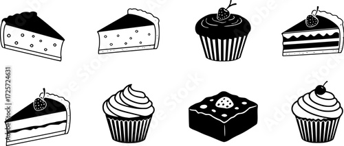 Traditional European and American dessert and popular cake icons set on white. Vector stencil clipart, minimalist bakery sign or logo design. Cheesecake, cupcake, brownie and tirami