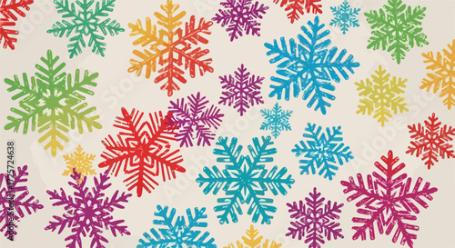 Bright snowflakes pattern against beige backdrop, showing colorful snowflakes. Various sized snowflakes form abstract arrangement for graphic design projects. Multicolored snowflakes for party,