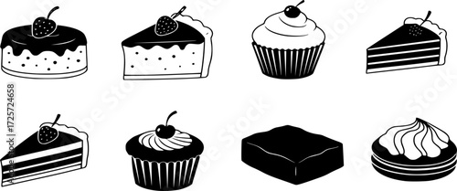 Traditional European and American dessert and popular cake icons set on white. Vector stencil clipart, minimalist bakery sign or logo design. Cheesecake, cupcake, brownie and tirami