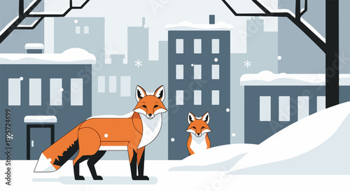 Fox in winter with cityscape background shows cute mammal in natural environment. Fox in winter, with snow-covered ground and buildings, presents concept of wildlife adapting to urban conditions.