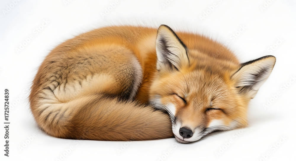 Fototapeta premium A curled up red fox sleeping peacefully on a white background with its eyes gently closed tight