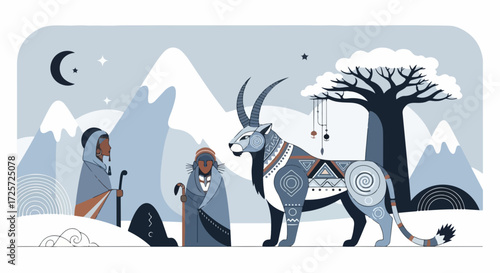 Dazzling tale of Magal Touba showing Serigne Touba figure with majestic animal. Serigne Touba event shows spiritual leader near decorated animal, representing symbolic event in Senegal.