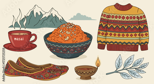 Winter solstice celebration with traditional sweet dish, cozy attire, and mountain backdrop. Winter solstice elements include warm cup of masala tea, gajar ka halwa, and embroidered shoes,
