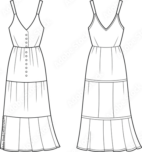 Women’s sleeveless maxi dress fashion flat sketch, V-neck strappy gown design with button front, elegant apparel illustration, technical clothing template