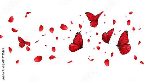 A serene composition featuring red butterflies gracefully fluttering amidst scattered rose petals against a clean white background. evoking feelings of beauty and tranquility