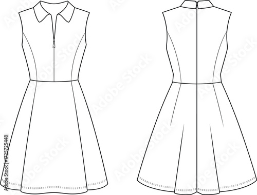 Women’s sleeveless A-line dress fashion flat sketch, collared zipper front dress design, elegant apparel illustration, stylish garment technical drawing template