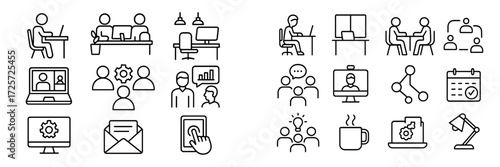 Icons representing various aspects of remote work and online collaboration in a modern office environment