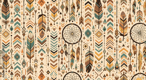 Ethnic boho pattern features feathers, arrows, and dream catchers in earth tones. This boho pattern conveys tribal tradition and aesthetic. Consider this ethnic boho pattern for textiles, backgrounds,