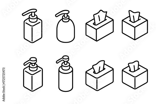 Different types of dispensers for lotion and tissues on a simple, clear background showcasing their design and purpose