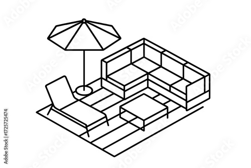 Outdoor seating area with a sectional couch and umbrella in a modern design for patio relaxation