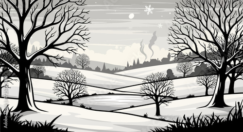 Winter scene shows snow-covered fields with bare trees in monochrome, conveying cold beauty. Winter scene displays bare trees reaching towards sky against soft snowy hills.