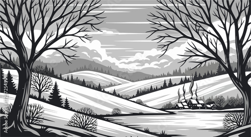 Winter landscape illustration showcasing rural scene with snow covered hills and bare trees. Peaceful winter landscape presents a serene setting,